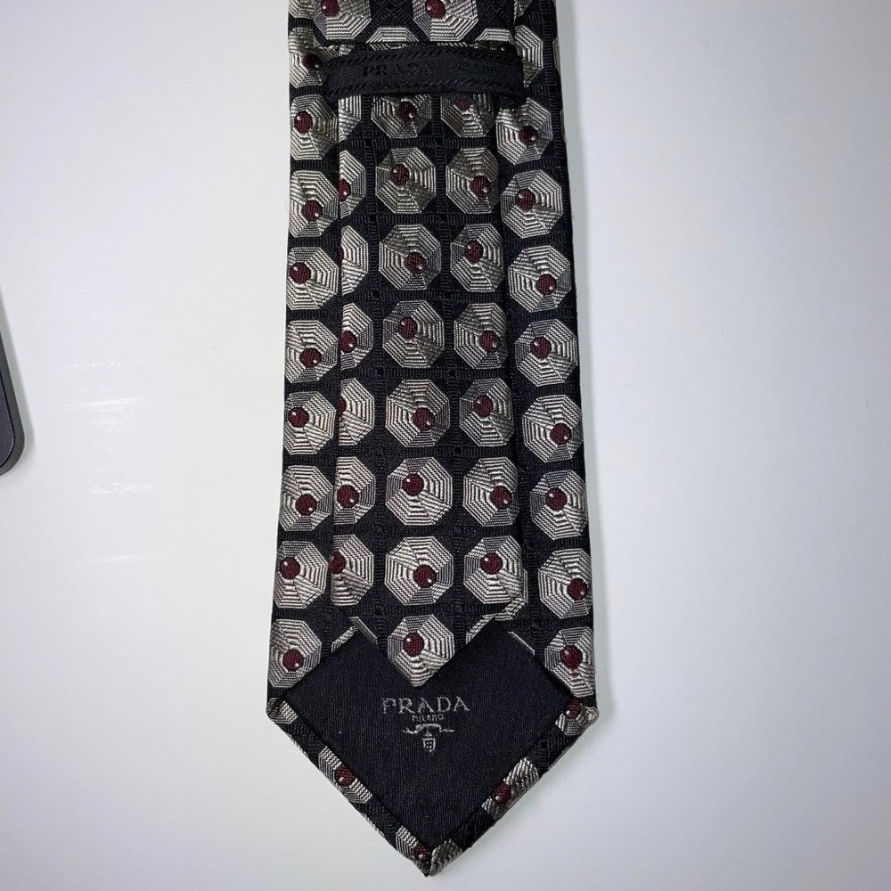 Silk Prada Tie - Black Jacquard Geometric Pattern - EUC - Picture 3 of 5